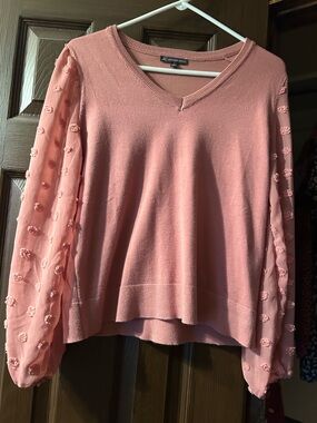 Pink V-Neck Puff-Sleeve Sweater